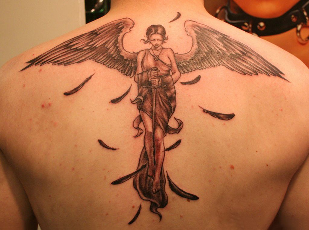 female angel tattoo on his back female angel tattoo on his back