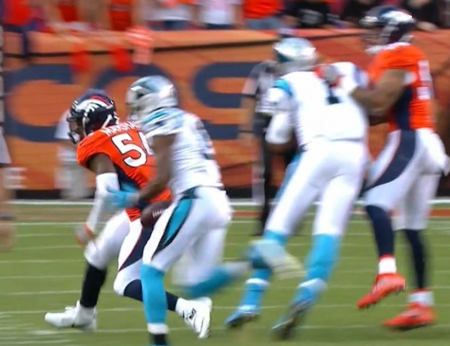 Cam Newton blocks Shane Ray