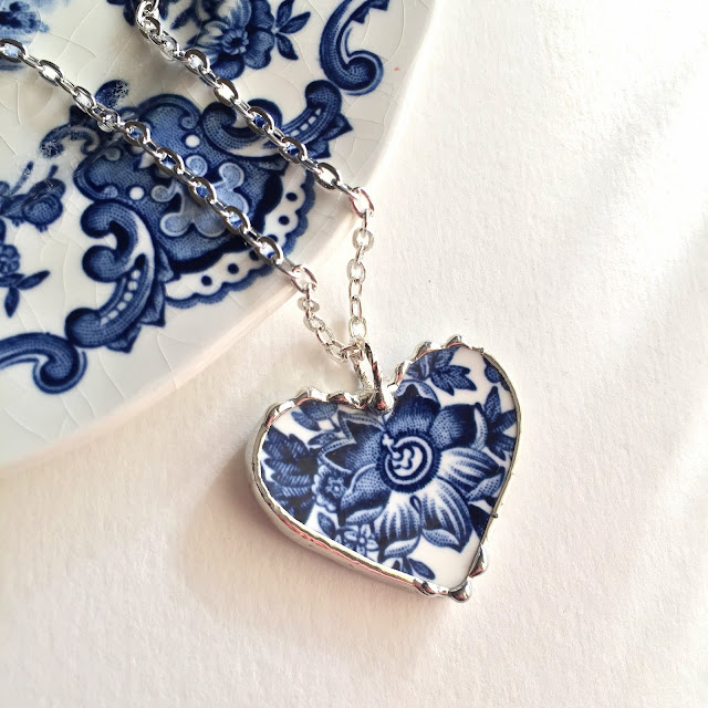 Blue and white transferware china heart pendant Laura Beth Love