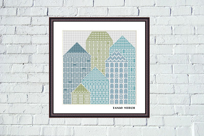 Skyscraper houses silhouette abstract cross stitch embroidery pattern - Tango Stitch