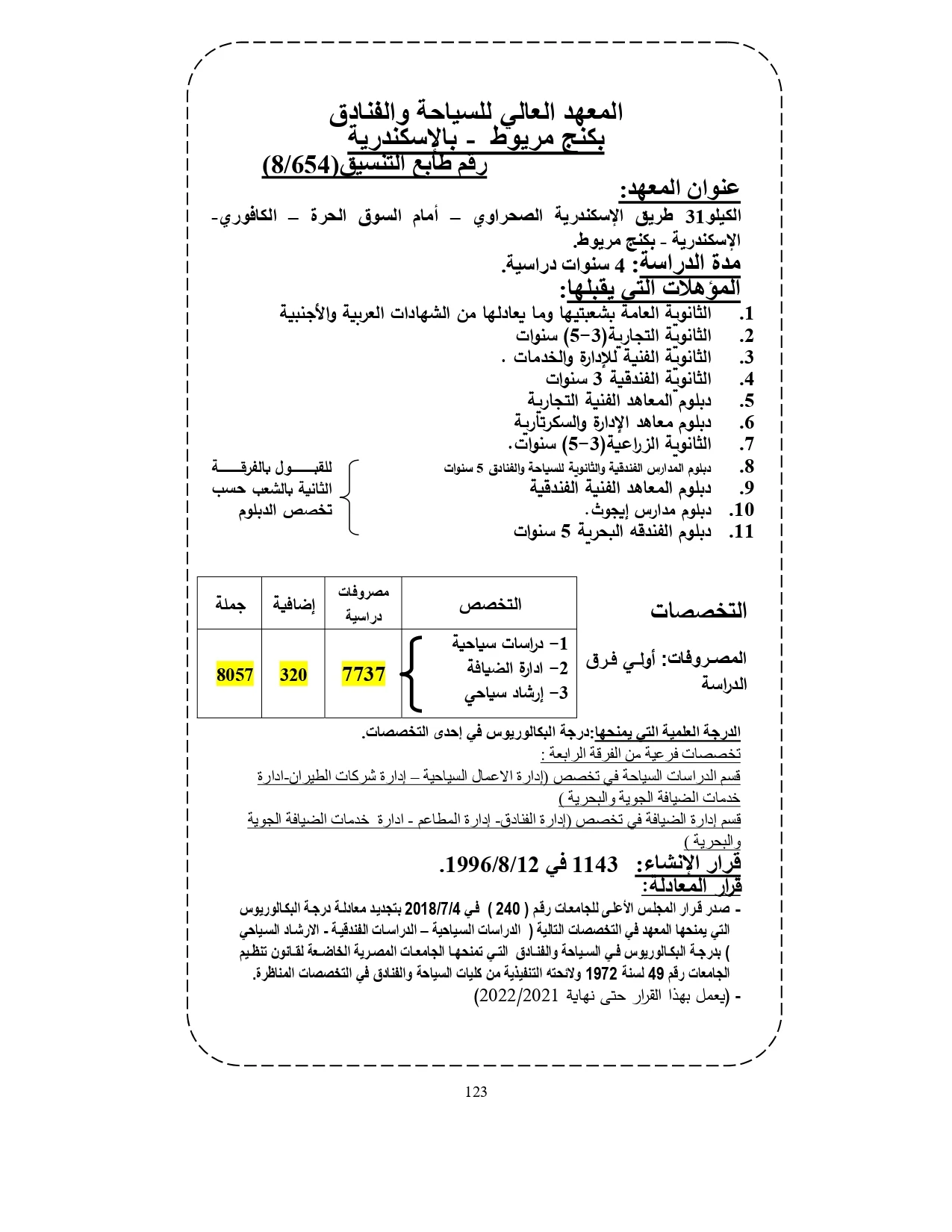 المعهد العالي للسياحة والفنادق بكنج مريوط الإسكندرية «مصروفات ومعلومات»