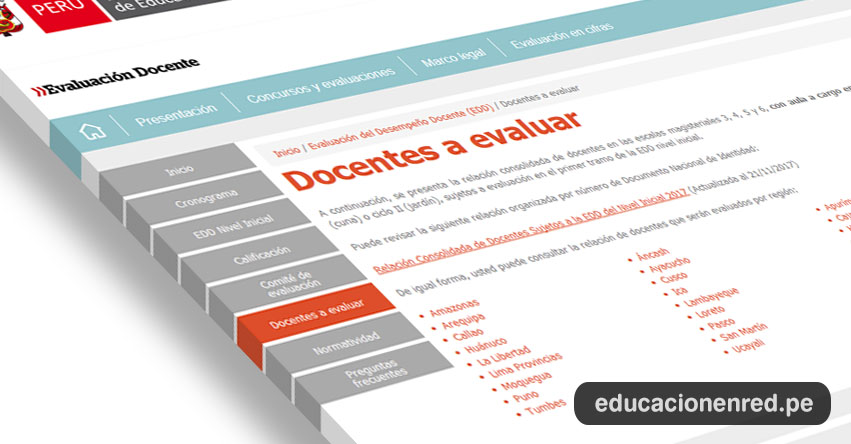 MINEDU: Relación consolidada de docentes a evaluar en las escalas magisteriales 3, 4, 5 y 6 - Evaluación del Desempeño Docente (Actualizada al 21/11/2017) www.minedu.gob.pe