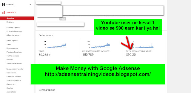 Youtube user ne apne keval 1 video se $90 earn kar liya hai Adsense ke madhyam se-see screenshot