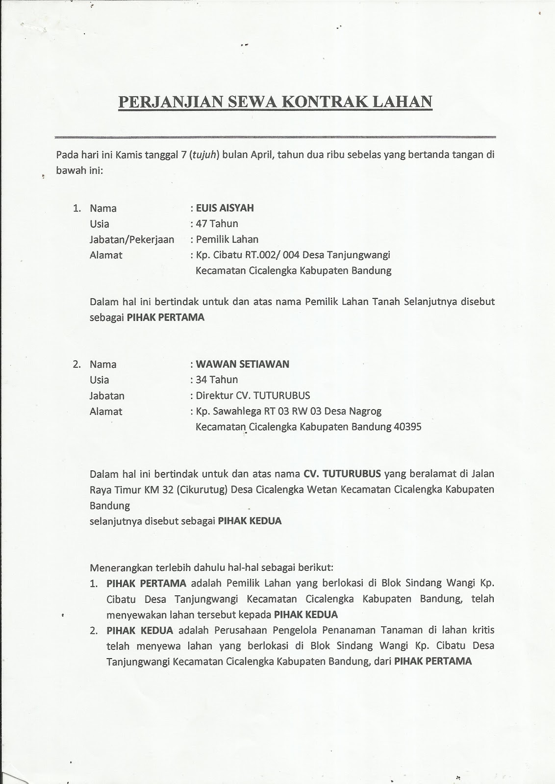 GERAKAN NUSANTARA HIJAU Contoh Surat Perjanjian Sewa Kontrak Lahan