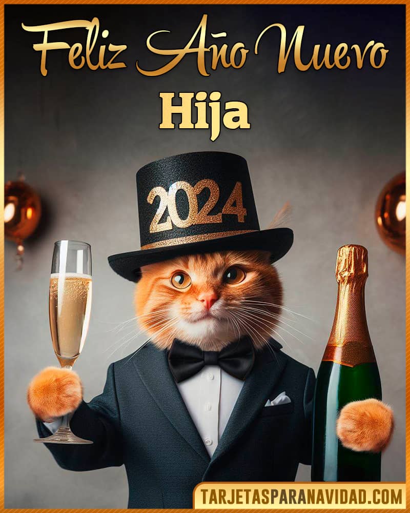 Tarjeta De Feliz Año Nuevo De Gato Champagne Para Hija