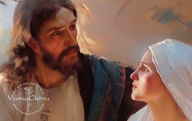Unique One of a Kind impasto oil style digital painting of Jesus with Mary of Bethany, Very Beautiful, Artistic, Christian Painting.