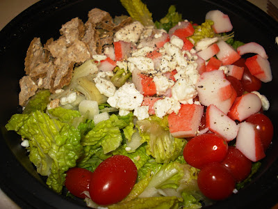 The last of my romaine lettuce, grape tomatoes, imitation crab meat, onions, 