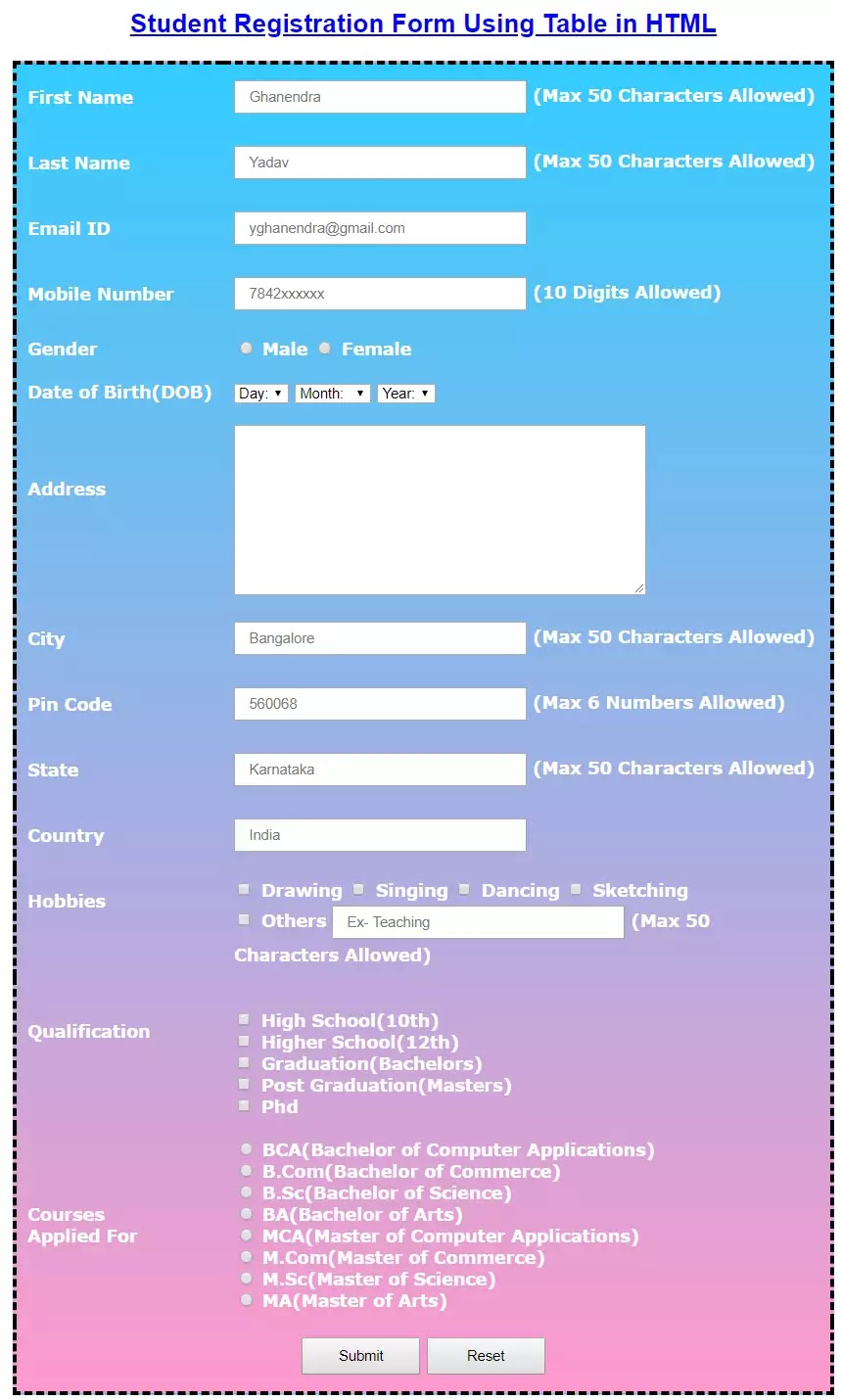 Student Registration Form in HTML with CSS | Completely Free