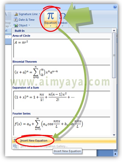  Gambar: Cara menyisipkan equation di Microsoft Word