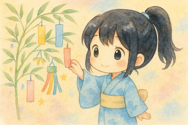 水彩とパステルカラーで描かれた、黒髪ポニーテールのちびキャラの女の子が水色の浴衣を着て、七夕飾りの短冊を手に持ちながら微笑んでいる横長のイラスト。背景には竹とカラフルな七夕飾りが描かれている。