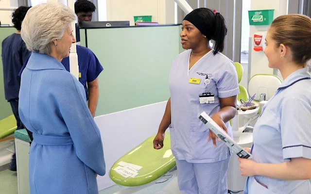 The Duchess of Gloucester wore a sky blue wool midi coat by Max Mara. The Duchess visited the Rainbow Suite