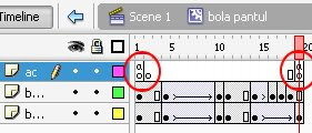 Frame pertama dan terakhir pada layer ac (action) telah diberi action script
