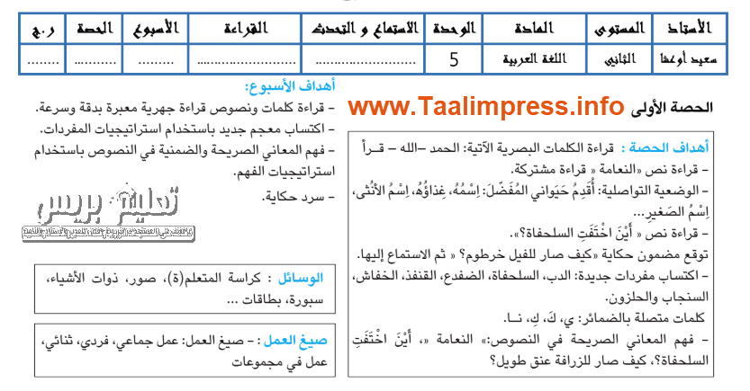 جذاذات الوحدة الخامسة والسادسة مرشدي في اللغة العربية للمستوى الثاني ابتدائي