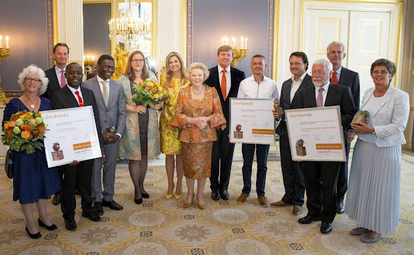King Willem-Alexander of The Netherlands, Queen Maxima of The Netherlands and Princess Beatrix attended the award ceremony of the Appeltjes van Oranje at Palace Noordeinde 