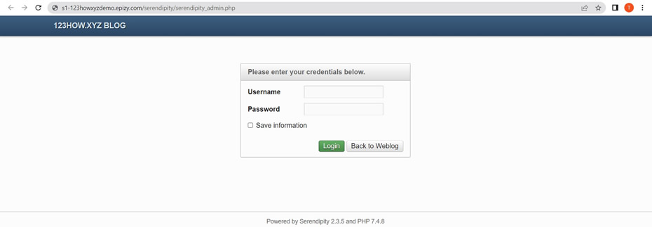 sample serendipity website admin login page