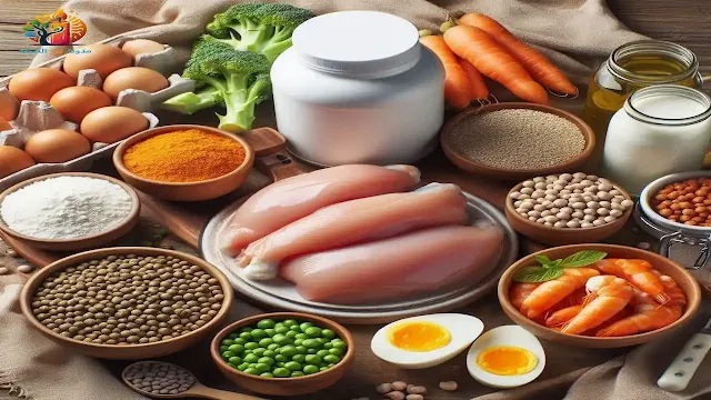 أمثلة لأطعمة ضمن نظام غذائي عالي البروتين لزيادة العضلات مثل الدجاج والبيض والعدس ومكمل البروتين