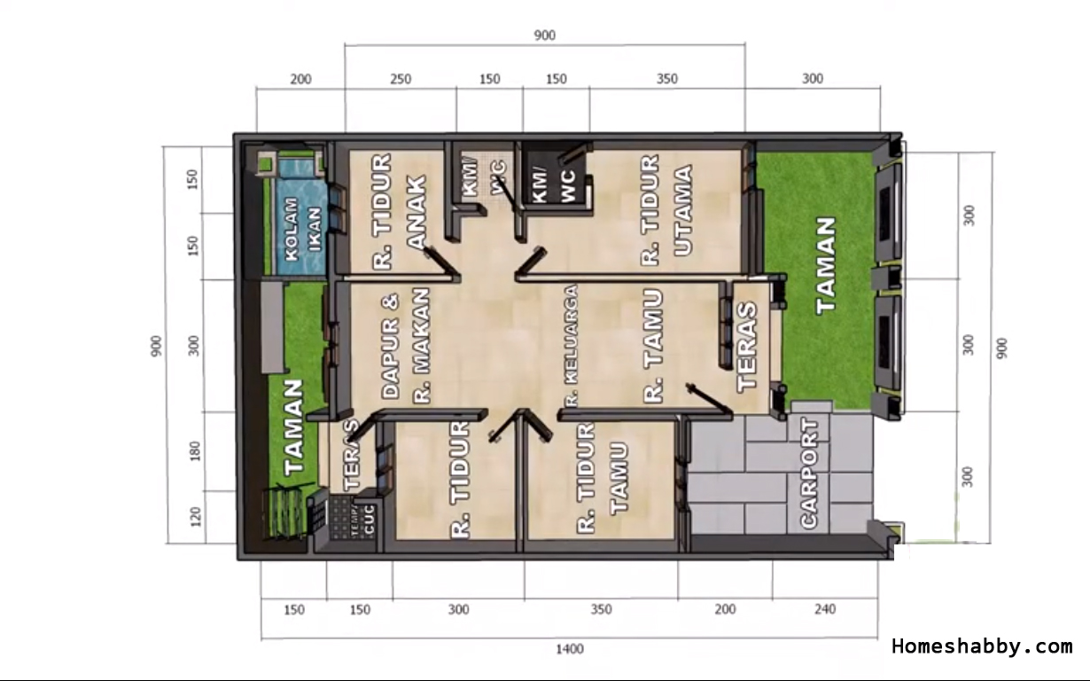 Denah Dan Desain Rumah Ukuran 9 X 9 M Dengan 4 Kamar Tidur Yang