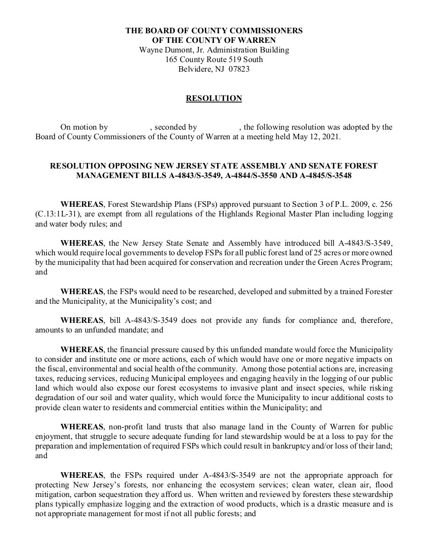 2021 Warren County NJ Resolution opposing Forest Management Plans Page 1