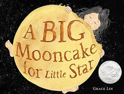 Cover of A Mooncake for Little Star showing a little girl is taking a big bite out of the moon.