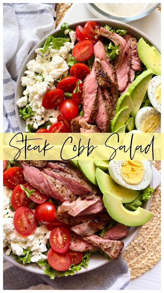 Collage of steak cobb salad with tomatoes, avocados, hard boiled eggs, feta and sliced steak
