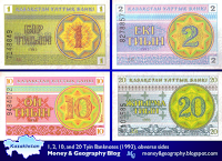 Kazakhstan 1, 2, 10, and 20 Tyin banknotes, 1993 (reverse sides)