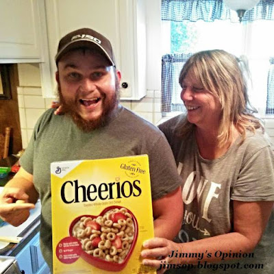 my son Tim and his Mother Cindy laughing and offering a box of Cheerios as an answer to my cooking suggestions.