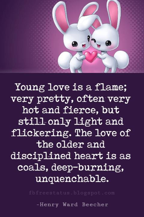 Valentines Day Quotes, Young love is a flame; very pretty, often very hot and fierce, but still only light and flickering. The love of the older and disciplined heart is as coals, deep-burning, unquenchable. - Henry Ward Beecher