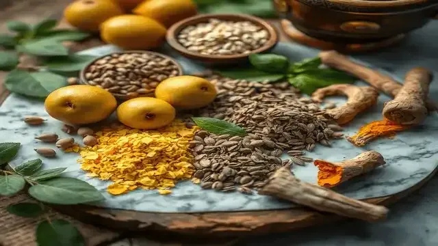 fenugreek seeds, dried henna leaves, turmeric roots, and sandalwood pieces