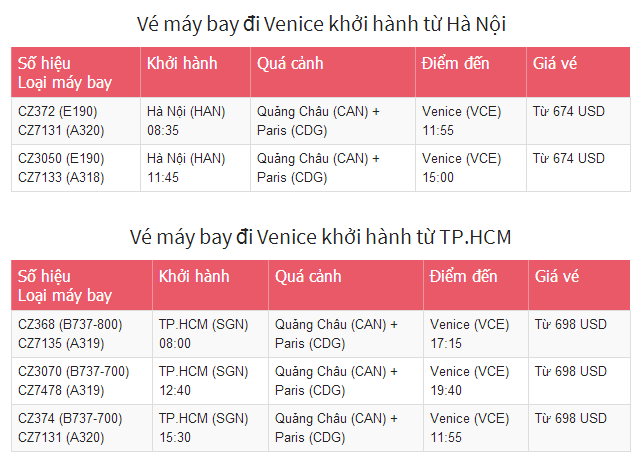 Vé máy bay đi Venice - China southern airlines