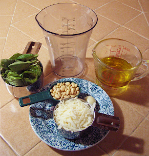 Basil, Pine Nuts, Garlic, Parmesan, Olive Oil near Immersion Blender Container