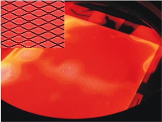 Photograph of an aluminum foil lamp having a radiating area of 225 square centimeters. The inset is a magnified view of several diamond-shapes microcavities.