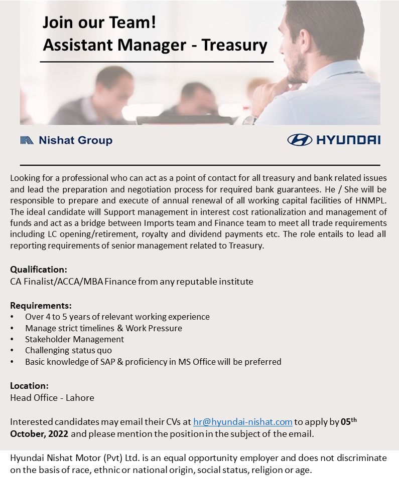 Hyundai Pakistan Jobs Assistant Manager - Treasury