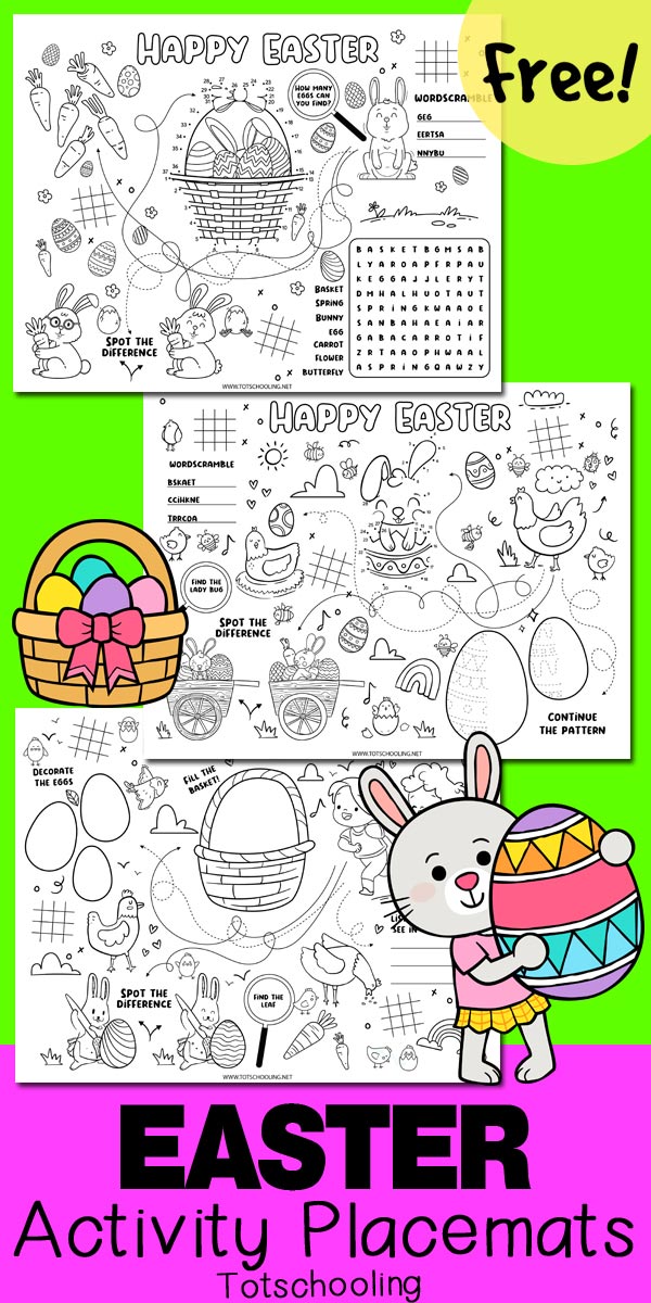 FREE Easter themed activity placemats for kids including connect the dots, tracing, coloring, look & find, spot difference, word scramble, word search