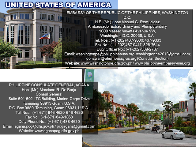 The Embassy is a piece of our country in a foreign territory where every Filipinos feel safe and secured. No matter where you are in the world, may you be an immigrant or an overseas Filipino worker (OFW) you need to know the locations of our embassies and consulates.  Information is power and here we are providing you all that you need to know the whereabouts of the Philippine embassies around the world and how to get in touch with them.  Advertisement         Sponsored Links                  EMBASSY OF THE REPUBLIC OF THE PHILIPPINES, BUENOS AIRES   Hon. (Ms.) Lolita B. Capco   Chargé d' Affaires, a.i.   Zapiola 1701, C1426AUI   Buenos Aires, Argentina   Tel. Nos.: (+54-11) 4554-4015; 4554-4856   Fax No.: (+54-11) 4554-9194   Duty Officer No.: (+549-11) 6700-2333   Consular Mobile Hotline No.: (+549-11) 6700-5111   Email: buenosaires.pe@dfa.gov.ph / pheba@fibertel.com.ar   Website: http://buenosairespe.dfa.gov.ph   Facebook: @PHinArgentina      EMBASSY OF THE REPUBLIC OF THE PHILIPPINES, CANBERRA   H.E. (Ms.) Minda Calaguian-Cruz   Ambassador Extraordinary and Plenipotentiary   1 Moonah Place, Yarralumla, Canberra, A.C.T. 2600   P.O. Box 3297, Manuka, A.C.T. 2603   Tel. Nos.: (+61-2) 6273-2535; 6273-2536   Fax No.: (+61-2) 6273-3984   Duty Officer No.: (+61) 4087-35383   Email: canberra.pe@dfa.gov.ph / canberra.pe@philembassy.org.au   Website: www.canberrape.dfa.gov.ph / www.philembassy.org.au     PHILIPPINE CONSULATE GENERAL, SYDNEY Hon. (Ms.) Melanie Rita B. Diano  Acting Head of Post  Philippine Centre, Level 1  27-33 Wentworth Avenue, Sydney NSW 2000  Tel. No.: (+61-2) 9262-7377  Fax No.: (+61-2) 9262-7355  Emergency No.: (+61) 415-426400  Email: sydney.pcg@dfa.gov.ph / communications@philippineconsulate.com.au  Website: www.sydneypcg.dfa.gov.ph / www.philippineconsulate.com.au    EMBASSY OF THE REPUBLIC OF THE PHILIPPINES, VIENNA  H.E. (Ms.) Maria Cleofe R. Natividad  Ambassador Extraordinary and Plenipotentiary  20th and 21st Floor, ARES Tower  Donau-City-Strasse 11, A-1220  Vienna, Austria  Tel. No.: (+43-1) 533-2401  Fax No.: (+43-1) 533-2401/24  Emergency No.: (+43-6991) 232-2034  Email: vienna.pe@dfa.gov.ph / vienna.pm@dfa.gov.ph / office@philippine-embassy.at  Website: www.viennape.dfa.gov.ph / www.philippine-embassy.at    EMBASSY OF THE REPUBLIC OF THE PHILIPPINES, MANAMA  H.E. (Mr.) Alfonso A. Ver  Ambassador Extraordinary and Plenipotentiary  Villa No. 939, Road No. 3220, Block 332, Bu-Asheera (Mahooz Area)  Manama, Kingdom of Bahrain  P.O. Box 26681, Manama , Kingdom of Bahrain  Tel. Nos.: (+973) 1772-1234 (4 lines)  Fax No.: (+973) 1772-0827  Duty Officer No.: (+973) 3995-3235  Email: manama.pe@dfa.gov.ph / manamape@batelco.com.bh  Website: www.manamape.dfa.gov.ph  Facebook: @PHLinBahrain    EMBASSY OF THE REPUBLIC OF THE PHILIPPINES, DHAKA  H.E. (Mr.) Vicente Vivencio T. Bandillo  Ambassador Extraordinary and Plenipotentiary  House No. 2F, NE(D), Road 73G, Gulshan 2  Dhaka, Bangladesh  Tel. Nos.: (+880) 29881-590 to 92  Fax No.: (+880) 29881-593  Hotline No.: (+880) 1915-477731  Email: dhaka.pe@dfa.gov.ph / philemb2@aknetbd.com  Website: www.dhakape.dfa.gov.ph  Facebook: @PHinBangladesh      EMBASSY OF THE REPUBLIC OF THE PHILIPPINES, BRUSSELS  Hon. (Mr.) Alan L. Deniega  Chargé d' Affaires, a.i.  297 Avenue Moliere, 1050  Brussels, Belgium  Tel Nos.: (+32-2) 34033-77 to 78  Fax No.: (+32-2) 345-6425  Duty Officer No.: (+32-4) 8860-9177  Email: brussels.pe@dfa.gov.ph; brusselspe@gmail.com  Website: www.brusselspe.dfa.gov.ph  Facebook: @PHinBelgium      EMBASSY OF THE REPUBLIC OF THE PHILIPPINES, BRASILIA     Hon. (Ms.) Marichu B. Mauro   Chargé d' Affaires, a.i.   SEN 801 - Asa Norte, Brasilia   DF CEP: 70800-910-Brazil   Tel. Nos.: (+55-61) 3224-8694; 3223-5143   Hotline No.: (+55-61) 9 9389-3042   Email: brasilia.pe@dfa.gov.ph / brasiliape@brturbo.com.br   Website: www.brasiliape.dfa.gov.ph / www.philembassybrasilia.org       EMBASSY OF THE REPUBLIC OF THE PHILIPPINES, BRUNEI   H.E. (Mr.) Meynardo LB. Montealegre   Ambassador Extraordinary and Plenipotentiary   Simpang 336, Diplomatic Enclave, Jalan Kebangsaan,   Bandar Seri Begawan, BA 2312, Brunei Darussalam   Tel. Nos.: (+673) 224-1465; 224-1466   Fax No.: (+673) 223-7707   Consular / ATN Hotline No.: (+673) 871-4881   OWWA 24-hour Hotline No.: (+673) 729-1315   POLO 24-hour Hotline No.: (+673) 729-1316   Email: brunei.pe@dfa.gov.ph / philippineembassy.brunei@gmail.com   Website: www.bruneipe.dfa.gov.ph / www.pebrunei.org     EMBASSY OF THE REPUBLIC OF THE PHILIPPINES, PHNOM PENH  H.E. (Mr.) Christopher B. Montero  Ambassador Extraordinary and Plenipotentiary  No. 182 Preah Norodom Blvd.  Sangkat Tonle Bassac, Khan Chamkarmon  Phnom Penh, Kingdom of Cambodia  P.O. Box 2018  Tel. Nos.: (+855-23) 222-303; 222-304  Fax No.: (+855-23) 215-143  Emergency No.: (+855) 98-888-771 | (+855) 98-888-529  Email: phnompenh.pe@dfa.gov.ph | phnompenhpe@ezecom.com.kh  Website: www.phnompenhpe.dfa.gov.ph  Facebook: @PHLinCambodia    EMBASSY OF THE REPUBLIC OF THE PHILIPINES, OTTAWA  H.E. (Ms.) Petronila P. Garcia   Ambassador Extraordinary and Plenipotentiary   30 Murray Street   Ottawa, Ontario, K1N 5M4, Canada   Tel. No.: (+1-613) 233-1121   Fax No.: (+1-613) 233-4165   Duty Officer No.: (+1-613) 614-2846   Email: ottawa.pe@dfa.gov.ph / embassyofphilippines@rogers.com  Website: www.ottawape.dfa.gov.ph  Facebook: @PHinCanada       EMBASSY OF THE REPUBLIC OF THE PHILIPPINES, SANTIAGO  Hon. (Mr.) Marcos A.S. Punsalang   Chargé d' Affaires, a.i.   Felix de Amesti No. 367   Las Condes, Santiago, Chile   Tel. Nos.: (+562) 2208-1313; 2208-1939   Emergency No.: (+569) 9427-20320   Hotline No.: (+562) 2228-1670   Email: santiago.pe@dfa.gov.ph / embassyfilipinas@gmail.com   Website: www.santiagope.dfa.gov.ph    Facebook: @PHinChile     EMBASSY OF THE REPUBLIC OF THE PHILIPPINES, BEIJING  H.E. (Mr.) Jose Santiago L. Sta. Romana   Ambassador Extraordinary and Plenipotentiary   23 Xiu Shui Bei Jie, Jianguomenwai, Beijing, 100600   People’s Republic of China   Tel. Nos.: (+86-10) 6532-2518; 6532-2451; 6532-1872   Fax Nos.: (+86-10) 6532-3761; 6532-1921 (Consular Section)   Hotline Nos.: (+86) 1391-1180-495 (ATN); (+86) 1381-1120-334 (Duty Officer)   Email: beijing.pe@dfa.gov.ph | philippineembassy@yahoo.com   Website: www.beijingpe.dfa.gov.ph    PHILIPPINE CONSULATE GENERAL, CHONGQING  Hon. (Ms.) Olivia V. Palala   Consul General   Unit 2903-2905, 29th Floor, Metropolitan Oriental Plaza   68 Zourong Road, Yuzhong District, Chongqing 400010   People's Republic of China   Tel. Nos.: (+86-23) 6381-0832; 6380-9532   Telefax No.: (+86-23) 6372-9809   Hotline Nos.: (+86) 1361-7678-321; (+86) 1582-3972-513 (ATN)   (+86) 1580-8057-032 (Duty Officer)   Email: chongqing.pcg@dfa.gov.ph / chongqingpcg@gmail.com     Website: www.chongqingpcg.dfa.gov.ph      PHILIPPINE CONSULATE GENERAL, GUANGZHOU  Hon. (Mr.) Ajeet-Victor S. Panemanglor   Acting Head of Post   Room Nos. 706-712, Guangdong International Bldg.   339 Huanshi Dong Lu, Guangzhou, Guangdong, 510098   People’s Republic of China   Tel. Nos.: (+86-20) 8331-1461; 8331-0996   Fax No.: (+86-20) 8333-0573   Hotline Nos.: (+86) 1392-4099-636 (Duty Officer); (+86) 1357-0008-063 (ATN)   Email: guangzhou.pcg@dfa.gov.ph / philcongenguangzhou@yahoo.com   Website: www.guangzhoupcg.dfa.gov.ph    PHILIPPINE CONSULATE GENERAL, XIAMEN  Hon. (Mr.) Julius Caesar A. Flores   Consul General   No. 2 and 3, Lingxiang Li, Lianhua Xin Cun   Siming District, Xiamen City 361009   People's Republic of China   Tel. Nos.: (+86-592) 513-0366; 513-0355   Fax No.: (+86-592) 553-0803   ATN Hotline No.: (+86) 1390-6036-614   Duty Officer No.: (+86) 1890-5921-595   Email: xiamen.pcg@dfa.gov.ph / xiamenpc@yahoo.com   Website: xiamenpcg.dfa.gov.ph    PHILIPPINE CONSULATE GENERAL, MACAU  Hon. (Ms.) Lilybeth R. Deapera   Consul General   Units 1404-1406, 14/F AIA Tower   Avenida Comercial de Macau   Macau SAR   Tel. No.: (+853) 2875-7111   Fax No.: (+853) 2875-7227   Hotline Nos.:(+853) 6698-1900 (ATN); 6687-2509 (POLO & OWWA)   Email: macau.pcg@dfa.gov.ph / pcgmacao@gmail.com   Website: www.macaupcg.dfa.gov.ph  Facebook: @PHinMacau    PHILIPPINE CONSULATE GENERAL, SHANGHAI  Hon. (Mr.) Wilfredo R. Cuyugan   Consul General   Suite 301 Metrobank Plaza,   1160 West Yan’An Road, Changning District, Shanghai 200052   People’s Republic of China   Tel. No.: (+86-21) 6281-8020   Fax No.: (+86-21) 6281-8023   Hotline No.: (+86) 1391 747-7112   Email: shanghai.pcg@dfa.gov.ph / shanghaipcg@hotmail.com   Website: www.shanghaipcg.dfa.gov.ph    PHILIPPINE CONSULATE GENERAL, HONG KONG  Hon. (Mr.) Antonio A. Morales   Consul General   14th Floor, United Centre, 95 Queensway, Admiralty   Hong Kong SAR   Tel. No.: (+852) 2823-8501   Fax Nos.: (+852) 2866-9885; 2866-8559   Hotline Nos.: (+852) 915-54023 (Consular); (+852) 552-91880 (Labor)   (+852) 634-59324 (OWWA)   Email: hongkong.pcg@dfa.gov.ph / hongkongphilcongen@gmail.com   Website: www.hongkongpcg.dfa.gov.ph Facebook: @PHLinHK     EMBASSY OF THE REPUBLIC OF THE PHILIPPINES, PRAGUE  Hon. (Mr.) Juan E. Dayang, Jr.  Chargé d' Affaires, a.i.  Senovazne Namesti 8, Prague 1, 110 00,  Czech Republic  Tel. Nos.: (+420) 224-216397; 224-216400; 224-216385  Fax No.: (+420) 224-216390  Duty Officer No.: (+420) 607-850-764  Email: prague.pe@dfa.gov.ph / praguepe@gmail.com   Website: www.praguepe.dfa.gov.ph  Facebook: @PHinCzechRepublic     EMBASSY OF THE REPUBLIC OF THE PHILIPPINES, CAIRO  H.E. (Mr.) Leslie J. Baja  Ambassador Extraordinary and Plenipotentiary  Road 200, Villa 28 Degla, Maadi, Cairo  Arab Republic of Egypt  Tel. Nos.: (+20-2) 2521-3045; 2521-3062; 2521-3064; 2521-3065  Fax No.: (+20-2) 2521- 3048  ATN No.: (+20-122) 743-6472  Duty Phone No.: (+20-128) 895-1110  Email: cairo.pe@dfa.gov.ph / info@philembassycairo.org  Website: www.cairope.dfa.gov.ph  Facebook: @PHinEgypt      EMBASSY OF THE REPUBLIC OF THE PHILIPPINES, PARIS  H.E. (Ms.) Ma. Theresa P. Lazaro  Ambassador Extraordinary and Plenipotentiary  4 Hameau de Boulainvilliers, 45 rue du Ranelagh  75016 Paris, France  Tel Nos.: (+33-1) 4414-5700; 4414-5701/12 (Consular)  Fax No.: (+33-1) 464-75600  Emergency No.: (+33-6) 205-92515  Email: paris.pe@dfa.gov.ph | parispe.dfa@gmail.com  Website: www.parispe.dfa.gov.ph  Facebook: @PHinFrance      EMBASSY OF THE REPUBLIC OF THE PHILIPPINES, BERLIN  Hon. (Ms.) Lillibeth V. Pono  Chargé d' Affaires, a.i.  2nd Floor, Haus Cumberland  Kurfürstendamm 194, 10707 Berlin  Federal Republic of Germany  Tel. No.: (+49-30) 864-950022  Fax No.: (+49-30) 873-2551  Duty Officer No.: (+49) 173-521-5703  Email: berlin.pe@dfa.gov.ph / info@philippine-embassy.de  Website: www.berlinpe.dfa.gov.ph / www.philippine-embassy.de  Facebook: @PHinGermany      EMBASSY OF THE REPUBLIC OF THE PHILIPPINES, ATHENS  Hon. (Ms.) Rosario P. Lemque  Chargé d' Affaires, a.i.  26 Antheon Street, Paleo Psychico 154-52  Athens, Greece  Tel. Nos. (+30-210) 672-1883; 672-1837  Fax No. (+30-210) 672-1872  Duty Officer No. (+30) 697-4319-539  Email: athens.pe@dfa.gov.ph / phembathens@gmail.com  Website: www.athenspe.dfa.gov.ph  Facebook: @PHLinGreece      EMBASSY OF THE REPUBLIC OF THE PHILIPPINES, BUDAPEST  H.E. (Ms.) Maria Fe T. Pangilinan  Ambassador Extraordinary and Plenipotentiary  1026 Budapest, Gabor Aron utca 58  Hungary  Tel. No.: (+36-1) 391-4300  Fax No.: (+36-1) 200-5528  Duty Officer No.: (+36) 30-202-1760  Email: budapest.pe@dfa.gov.ph / phbuda@philembassy.hu  Website: www.budapestpe.dfa.gov.ph  Facebook: @PHLinHungary      EMBASSY OF THE REPUBLIC OF THE PHILIPPINES, NEW DELHI  H.E. (Ms.) Ma. Teresita C. Daza  Ambassador Extraordinary and Plenipotentiary  50-N, Nyaya Marg, Chanakyapuri,  New Delhi 110021, India  Tel. Nos.: (+91-11) 2688-9091; 2410-1120  Fax No.: (+91-11) 2687-6401  Duty Officer No.: (+91) 99-1079-7014  Email: newdelhi.pe@dfa.gov.ph / philippineembassynewdelhi@gmail.com  Website: www.newdelhipe.dfa.gov.ph       EMBASSY OF THE REPUBLIC OF THE PHILIPPINES, JAKARTA  Hon. (Ms.) Shirlene C. Mananquil  Chargé d' Affaires, a.i  Jl. Imam Bonjol No. 8 Menteng, Jakarta Pusat 10310  Indonesia  Tel. No.: (+62-21) 310-0334  Fax No.: (+62-21) 315-1167  Emergency No.: (+62) 878-8537-3275  Email : jakarta.pe@dfa.gov.ph / jakartape@gmail.com  Website: www.jakartape.dfa.gov.ph / www.philembjkt.com  Facebook: @PHLinIndonesia    PHILIPPINE CONSULATE GENERAL, MANADO  Hon. (Mr.) Oscar G. Orcine  Consul General  Jalan 17 Augustus No. 30A, TanjungBatu, Manado  North Sulawesi, Indonesia 95119  Tel Nos.: (+62-431) 861-178; 856-379  Fax No.: (+62-431) 862-365  Hotline Nos.: (+62) 811-431-130 (ATN); (+62) 811-432-1132 (Duty Officer)  Email : manado.pcg@dfa.gov.ph / fsp.manadopcg@gmail.com  Website: www.manadopcg.dfa.gov.ph      EMBASSY OF THE REPUBLIC OF THE PHILIPPINES, TOKYO  H.E. (Mr.) Jose C. Laurel  Ambassador Extraordinary and Plenipotentiary  5-15-5, Roppongi Minato-ku  Tokyo 106-8537, Japan  Tel. Nos.: (+81-3) 5562-1600 / 1601 / 1602 / 1604 / 1605  Fax No.: (+81-3) 5562-1603  Emergency No.: (+8180) 4928-7979 (ATN)  Email: tokyo.pe@dfa.gov.ph / phjp@gol.com  Website: www.tokyope.dfa.gov.ph / www.tokyo.philembassy.net  Facebook:@PHLinJapan    PHILIPPINE CONSULATE GENERAL, OSAKA  Hon. (Ms.) Maria Aileen H. Bugarin  Consul General  24/F Twin 21 MID Tower, 2-1-61 Shiromi, Chuo-ku  Osaka, Japan  Tel. No.: (+81-6) 6910-7999  Fax No.: (+81-6) 6910-8750  Emergency No.: (+81-90) 4036-7984  Email: osaka.pcg@dfa.gov.ph; queries.osakapcg@gmail.com  Website: www.osakapcg.dfa.gov.ph      EMBASSY OF THE REPUBLIC OF THE PHILIPPINES, AMMAN  H.E. (Ms.) Junever M. Mahilum-West  Ambassador Extraordinary and Plenipotentiary  Villa No. 1 and No. 12 Al Halab Street corner  Al Suleiman Al Bilbeesi Street, Abdoun  Amman, Jordan  Tel Nos.: (+962-6) 592-3748; 592-9402; 592-9403  Fax No.: (+962-6) 5923-744  ATN Nos.: (+962) 7790-77775; 7790-77776; 7790-77778  Mobile Hotline No.: (+962) 7779-88818  Email: amman.pe@dfa.gov.ph / ammanpe@orange.jo / pe.amman@gmail.com  Website: www.ammanpe.dfa.gov.ph / www.philembassy-amman.net  Facebook: @ammanpe      EMBASSY OF THE REPUBLIC OF THE PHILIPPINES, NAIROBI  H.E. (Mr.) Uriel Norman R. Garibay  Ambassador Extraordinary and Plenipotentiary  P.O. Box 47941-00100, State House Road  Nairobi, Kenya  Duty Office No.: (+254) 736-310-049  Email: nairobi.pe@dfa.gov.ph / pe.nairobi@gmail.com  Website: www.nairobipe.dfa.gov.ph  Facebook:@PHLinKenya      EMBASSY OF THE REPUBLIC OF THE PHILIPPINES, SEOUL  H.E. (Mr.) Raul S. Hernandez  Ambassador Extraordinary and Plenipotentiary  80 Hoenamu-ro, Yongsan-Gu, Seoul  Republic of Korea 04346  Tel. Nos.: (+82-2) 796-7387 to 89  Fax No.: (+82-2) 796-0827  Hotline Nos.: (+82-10) 9365-2312 (Emergency); (+82-10) 9263-8119 (ATN)  (+82-10) 9385-0535 (Passport)  Email: seoul.pe@dfa.gov.ph / seoulpe@philembassy-seoul.com  Website: www.seoulpe.dfa.gov.ph / www.philembassy-seoul.com  Facebook: @PHinKorea        EMBASSY OF THE REPUBLIC OF THE PHILIPPINES, KUWAIT  H.E. (Mr.) Renato Pedro O. Villa  Ambassador Extraordinary and Plenipotentiary  Block 1, Street 101, Villa 817, corner Abdullah Abdul Azis Al Humaidi Street,  Al Siddeeq Area, South Surra  State of Kuwait  Tel. Nos.: (+965) 2252-8422; 2251-1806; 2251-1807  Fax No.: (+965) 2251-1805  Hotline Nos.: (+965) 6518-4433; 6990-2188 (Consular)  (+965) 9800-5115; 6500-2612; 6990-2264 (ATN)  Email: kuwait.pe@dfa.gov.ph / kuwaitpe@philembassykuwait.gov.kw / kuwaitpe@gmail.com  Website: www.kuwaitpe.dfa.gov.ph / www.philembassykuwait.gov.kw  Facebook: @PEinKuwait      EMBASSY OF THE REPUBLIC OF THE PHILIPPINES, VIENTIANE  H.E. (Ms.) Belinda M. Ante  Ambassador Extraordinary and Plenipotentiary  Phontan Rd., 071 Saphantong Neua  Sisattanak District, Vientiane  Lao People’s Democratic Republic  P.O. Box 2415  Tel Nos.: (+856-21) 452-490; 452-491  Fax No. (+856-21) 452-493  Duty Phone: (+856-20) 555-35878  Email: vientiane.pe@dfa.gov.ph / pelaopdr@laotel.com  Website: www.vientianepe.dfa.gov.ph       EMBASSY OF THE REPUBLIC OF THE PHILIPPINES, BEIRUT  H.E. (Ms.) Bernardita L. Catalla  Ambassador Extraordinary and Plenipotentiary  W Building, Rue Mar Geries, Hadath, Baabda  Mount Lebanon, Lebanon  Tel. No.: (+961-5) 953-522  Fax No.: (+961-5) 953-521  Hotline No.: (+961-3) 859-430  Email: beirut.pe@dfa.gov.ph  Website: www.beirutpe.dfa.gov.ph  Facebook: @PHLinLebanon      EMBASSY OF THE REPUBLIC OF THE PHILIPPINES, TRIPOLI  Hon. (Mr.) Mardomel Celo D. Melicor  Chargé d' Affaires, e.p.  Km. 7 Gargaresh Road, Abu Nawas  Tripoli, Libya  P.O. Box 12508, Tripoli, Libya  Hotline No.: (+218) 91 824-4208  POLO Hotline No.: (+218) 92 48-5473  Email: tripoli.pe@dfa.gov.ph / owwatripoli2016@gmail.com(POLO)  Website: www.tripolipe.dfa.gov.ph  Facebook: @PHinLibya      MBASSY OF THE REPUBLIC OF THE PHILIPPINES, KUALA LUMPUR  H.E. (Mr.) Charles C. Jose  Ambassador Extraordinary and Plenipotentiary  No. 1 Changkat Kia Peng  50450 Kuala Lumpur, Malaysia  Tel. Nos. (+60-3) 2148-4233; 2148-4654; 2148-4682; 2148-6528; 2148-6538  Fax No.: (+60-3) 2148-3576  Duty Officer No.: (+6017) 347-5487  Email: kualalumpur.pe@dfa.gov.ph / webmaster@philembassykl.org.my  Website: www.kualalumpurpe.dfa.gov.ph / www.philembassykl.org.my  Facebook: @PHinMalaysia      EMBASSY OF THE REPUBLIC OF THE PHILIPPINES, MEXICO  H.E. (Mr.) Eduardo Jose A. De Vega  Ambassador Extraordinary and Plenipotentiary  Thiers 111 (corner Couvier 55),  Colonia Anzures, Delegacion Miguel Hidalgo  C.P. 11590, Mexico City Mexico  Tel. Nos.: (+52-55) 5131-8225; 5255-1438; 5545-9716; 5545-0127  Fax No.: (+52-55) 5131-8268  Duty Officer No.: (+52-155) 2771-3776  Email : mexico.pe@dfa.gov.ph / ambamexi@gmail.com / mexicope.com@gmail.com  Website: www.mexicope.dfa.gov.ph  Facebook: @PHinMexico    EMBASSY OF THE REPUBLIC OF THE PHILIPPINES, YANGON  H.E. (Mr.) Eduardo E. Kapunan, Jr.  Ambassador Extraordinary and Plenipotentiary  No. 7 Gandamar Street, Yankin Township  Yangon, Republic of the Union of Myanmar  Tel. Nos.: (+95-1) 558-150 to 153  Fax No.: (+95-1) 558-154  Duty Officer No.: (+95-9) 2507-65938  Email: yangon.pe@dfa.gov.ph / p.e.yangon@gmail.com  Website: www.yangonpe.dfa.gov.ph  Facebook: @PHinMyanmar    EMBASSY OF THE REPUBLIC OF THE PHILIPPINES, THE HAGUE  H.E. (Mr.) Jaime Victor B. Ledda  Ambassador Extraordinary and Plenipotentiary  Laan Copes Van Cattenburch 125  2585 EZ, The Hague, Netherlands  Tel. No.: (+31) 70360-4820  Fax No.: (+31) 70356-0030  Emergency No.: (+31)(0) 65261-1079  Email: thehague.pe@dfa.gov.ph / thehague@philembassy.nl  Website: thehaguepe.dfa.gov.ph  Facebook: @PHinTheNetherlands    EMBASSY OF THE REPUBLIC OF THE PHILIPPINES, WELLINGTON  H.E. (Mr.) Jesus S. Domingo  Ambassador Extraordinary and Plenipotentiary  50 Hobson Street, Thorndon, 6011 P.O. Box 120-42, Wellington 6144, New Zealand  Tel. Nos.: (+64-4) 890-3741; 890-3742; 890-3744  Fax No.: (+64-4) 890-3740 Hotline No.: (+64) 220-746-517  Email: wellington.pe@dfa.gov.ph / embassy@wellington-pe.co.nz  Website: wellingtonpe.dfa.gov.ph / www.philembassy.org.nz  Facebook: @PHLinNZ    EMBASSY OF THE REPUBLIC OF THE PHILIPPINES, ABUJA  H.E. (Ms.) Shirley Ho-Vicario  Ambassador Extraordinary and Plenipotentiary  No. 453-B, A Close, 14 Street, Off 2nd Avenue  Gwarinpa 900108, Abuja FCT  Federal Republic of Nigeria  Consular No.: (+234) 81025-41252  ATN No.:  (+234) 90532-44916  Email: abuja.pe@dfa.gov.ph / Philemb_abuja@yahoo.co.uk  Website: www.abujape.dfa.gov.ph  Facebook: @PHLinNigeria      EMBASSY OF THE REPUBLIC OF THE PHILIPPINES, OSLO  H.E. (Ms.) Jocelyn S. Batoon-Garcia  Ambassador Extraordinary and Plenipotentiary  4th Floor, Nedre Vollgate 4, 0158  Oslo, Norway  Tel. No.: (+47) 224-00900  Duty Officer No.: (+47) 9500-1072  Email : oslo.pe@dfa.gov.ph / ambassador@philembassy.no  Website: www.oslope.dfa.gov.ph / www.philembassy.no    EMBASSY OF THE REPUBLIC OF THE PHILIPPINES, MUSCAT  H.E. (Mr.) Narciso T. Castañeda  Ambassador Extraordinary and Plenipotentiary  Bldg. No. 1041/1043, Way No. 3015, Al Kharijiya St., Shatti Al Qurum  Muscat, Sultanate of Oman  P.O. Box No. 420 Madinat Qaboos PC 115  Muscat, Sultanate of Oman  Tel. Nos.: (+968) 2460-5140; 2460-5143; 2460-5335  Fax No.: (+968) 2460-5176  Hotline Nos.: (+968) 9988-5073 (ATN); (+968) 9988-7935 (Duty Officer)  Email: muscat.pe@dfa.gov.ph / muscatpe@omantel.net.om  Website: www.muscatpe.dfa.gov.ph  Facebook: @PHLinOman    EMBASSY OF THE REPUBLIC OF THE PHILIPPINES, ISLAMABAD  H.E. (Mr.) Daniel R. Espiritu  Ambassador Extraordinary and Plenipotentiary  Zhou-Enlai Avenue, Plot Nos. 3 to 5  Diplomatic Enclave, G-5  Islamabad, Pakistan  Tel. No.: (+92-51) 8487-511  Fax No.: (+92-51) 8487-513  Email: islamabad.pe@dfa.gov.ph / isdpe.comsats@comsats.com.pk  Website: www.islamabadpe.dfa.gov.ph /www.isdpe.com.pk  Facebook: @PHinPakistan    EMBASSY OF THE REPUBLIC OF THE PHILIPPINES, PORT MORESBY  H.E. (Mr.) Bienvenido V. Tejano  Ambassador Extraordinary and Plenipotentiary  Lot 1, Section 440, Islander Village, Hohola, NCD  Papua New Guinea  P.O. Box 5916, Boroko, NCD, PNG  Tel. Nos.: (+675) 325-6414; 325-6577  Fax No.: (+675) 323-1803  Email: portmoresby.pe@dfa.gov.ph / pompe@datec.net.pg  Website: www.portmoresbype.dfa.gov.ph     EMBASSY OF THE REPUBLIC OF THE PHILIPPINES, WARSAW  H.E. (Ms.) Patricia Ann V. Paez  Ambassador Extraordinary and Plenipotentiary  Ul. Lentza 11, 02-956 Warsaw, Poland  Tel. No.: (+48-22) 490-2025  Fax No.: (+48-22) 651-5949  Duty Officer No.: (+48) 694-736-488  Email: warsaw.pe@dfa.gov.ph / pe.warsaw@gmail.com  Website: www.warsawpe.dfa.gov.ph    EMBASSY OF THE REPUBLIC OF THE PHILIPPINES, LISBON  H.E. (Ms.) Celia Anna M. Feria  Ambassador Extraordinary and Plenipotentiary  Rua Barata Salgueiro 30–3 andar  1250-044 Lisbon, Portugal  Tel Nos.: (+351) 216-083-274; 216-083-276; 216-083-277  Fax No.: (+351) 216-083-251  Duty Officer No.: (+351) 925-410-257  Hotline No.: (+351) 965-062-839 (ATN)  E-mail: lisbon.pe@dfa.gov.ph / lisbon.pe@gmail.com  Website:  www.lisbonpe.dfa.gov.ph    EMBASSY OF THE REPUBLIC OF THE PHILIPPINES, DOHA  H.E. (Mr.) Alan L. Timbayan  Ambassador Extraordinary and Plenipotentiary  St. No. 860, Zone 68, Jelaiah Area  Doha, State of Qatar  P.O. Box No. 24900  Tel. No.: (+974) 4483-1585  Fax No.: (+974) 4483-1595  ATN Nos.: (+974) 4483-2560; 6644-6303  Email: doha.pe@dfa.gov.ph / dohape@yahoo.com  Website: www.dohape.dfa.gov.ph     EMBASSY OF THE REPUBLIC OF THE PHILIPPINES, MOSCOW  H.E. (Mr.) Carlos D. Sorreta  Ambassador Extraordinary and Plenipotentiary  Karmanitskiy Pereulok 6/8, 121099  Moscow, Russian Federation  Tel. Nos.: (+7-499) 241-0563; 241-0564; 241-0565  Fax No.: (+7-499) 241-2630  Hotline No.: (+7-906) 7382-538  Email: moscow.pe@dfa.gov.ph / moscowpe@mailfrom.ru  Website: www.moscowpe.dfa.gov.ph  Facebook: Philembassy Moscow    EMBASSY OF THE REPUBLIC OF THE PHILIPPINES, RIYADH  H.E. (Mr.) Adnan V. Alonto  Ambassador Extraordinary and Plenipotentiary  C3 Radaif Street, Diplomatic Quarter  Riyadh, Kingdom of Saudi Arabia  P.O. Box 94366, Riyadh 11693  Tel. Nos.: (+966-11) 488-3615; 482-0507; 482-1802  Fax No.: (+966-11) 488-3945  Hotline Nos.: (+966) 5516-99548 (POLO); (+966) 5012-69742 (POLO ERO)  (+966) 5698-93301 (ATN); (+966-11) 4823-559 (Duty Officer)  Email: riyadh.pe@dfa.gov.ph / rype@riyadhpe.com / riyadhpe@philembassy-riyadh.org  Website: www.riyadhpe.dfa.gov.ph    PHILIPPINE CONSULATE GENERAL, JEDDAH  Hon. (Mr.) Edgar B. Badajos  Consul General  Bldg. 4663, Fajer St., Al Rehab District 6  Jeddah, Kingdom of Saudi Arabia  P.O. Box 4794 Jeddah 21412  Tel. Nos.: (+966-12) 667-0925; 669-6303  Fax No. (+966-12) 669-6797  Hotline Nos.: (+966-55) 521-9614 (Consular)  (+966-55) 5219-613 (ATN; (+966-53) 4240-362 (ATN)  Email: jeddah.pcg@dfa.gov.ph  Website: www.jeddahpcg.dfa.gov.ph     EMBASSY OF THE REPUBLIC OF THE PHILIPPINES, SINGAPORE  H.E. (Mr.) Joseph Del Mar Yap  Ambassador Extraordinary and Plenipotentiary  20 Nassim Road, Singapore 258395  Tel. No.: (+65) 6737-3977  Fax No.: (+65) 6733-9544  ATN No.: (+65) 6834-2938  Email: singapore.pe@dfa.gov.ph / php@philembassysg.org  Website: www.singaporepe.dfa.gov.ph / www.philippine-embassy.org.sg    EMBASSY OF THE REPUBLIC OF THE PHILIPPINES, PRETORIA  H.E. (Mr.) Joseph Gerard B. Angeles  Ambassador Extraordinary and Plenipotentiary  54 Nicolson St., Muckleneuk 0181, Pretoria, South Africa  P.O. Box 2562, Brooklyn Square 0075, Pretoria, South Africa  Tel. Nos.: (+27-12) 346-0451; 346-0452; 346-2468  Fax No.: (+27-12) 346-0454; 346-3582  Emergency Nos. (+27) 825-569-935 (ATN); (+27) 724-379-517 (Duty Officer)  Email: pretoria.pe@dfa.gov.ph / pretoriape@mweb.co.za  Website: www.pretoriape.dfa.gov.ph     EMBASSY OF THE REPUBLIC OF THE PHILIPPINES, MADRID  H.E. (Mr.) Philippe J. Lhuillier  Ambassador Extraordinary and Plenipotentiary  Calle Eresma 2, 28002 Madrid, Spain (Chancery)  Calle Guadalquivir 6, 28002 Madrid, Spain (Consular Section)  Tel. No.:(+34) 9178-23830  Fax No.: (+34) 9141-16606  Duty Phone No.: (+34) 6164-91861  Email: madrid.pe@dfa.gov.ph / madridpe@yahoo.com  Consular: info@philembassymadrid.com / consular@philembassymadrid.com  Website: www.madripe.dfa.gov.ph / www.philembassymadrid.com    EMBASSY OF THE REPUBLIC OF THE PHILIPPINES, BERNE  H.E. (Mr.) Denis Y. Lepatan  Ambassador Extraordinary and Plenipotentiary  Kirchenfeldstrasse 73-75  3005 Berne, Switzerland  Tel. No.: (+41-31) 350-1717  Fax No.: (+41-31) 352-2602  Duty Officer No.: (+41-79) 542-1992  Email: berne.pe@dfa.gov.ph / info@philembassyberne.ch  Website: www.bernepe.dfa.gov.ph    EMBASSY OF THE REPUBLIC OF THE PHILIPPINES, DAMASCUS  Hon. (Mr.) Crescente R. Relacion  Chargé d' Affaires, e.p.  Hamzeh lbn Abdul Mutaleb St., Building No. 56  West Mezzeh Area, Damascus  Syrian Arab Republic  Tel No.: (+963-11) 613-2626  Fax No.: (963-11) 611-0152  Hotline No.: (+963) 99253-5775  Email: damascus.pe@dfa.gov.ph / pe.damascus@gmail.com  Website: www.damascuspe.dfa.gov.ph    EMBASSY OF THE REPUBLIC OF THE PHILIPPINES, DILI  H.E. (Mr.) Abdulmaid K. Muin  Ambassador Extraordinary and Plenipotentiary  Rua Governor Serpa Rosa, Bairro, Farol  Dili, Timor-Leste  P.O. Box 178  Tel. Nos.: (+670) 331-0407; 331-0408  ATN Hotline No.: (+670) 7792-8092  Email: dili.pe@dfa.gov.ph / phl.in.dili@gmail,com  Website: www.dilipe.dfa.gov.ph    EMBASSY OF THE REPUBLIC OF THE PHILIPPINES, BANGKOK  H.E. (Ms.) Mary Jo A. Bernardo-Aragon  Ambassador Extraordinary and Plenipotentiary  760 Sukhumvit Road corner Soi Philippines (Soi 30/1)  Bangkok 10110, Kingdom of Thailand  Tel. Nos.: (+662) 259-0139 to 40; 258-5401  Fax Nos.: (+662) 259-2809; 259-7373  Hotline No.: (+668) 992-65954  Email: bangkok.pe@dfa.gov.ph / bangkokpe@gmail.com  Website: www.bangkokpe.dfa.gov.ph  Facebook: facebook.com/bkkpe    EMBASSY OF THE PHILIPPINES, ANKARA  H.E. (Ms.) Maria Rowena Mendoza Sanchez  Ambassador Extraordinary and Plenipotentiary  Kazim Ozalp Mahallesi, Kumkapi Sokak, No: 36, Gazi Osman Pasa (GOP), 06700  Ankara, Turkey  Tel. Nos.: (+90-312) 442-3824; 442-3827  Fax No.: (+90-312) 442-3856  Hotline No.: (+90) 537- 577-2344  Email: ankara.pe@dfa.gov.ph / ankarape@gmail.com  Website: www.ankarape.dfa.gov.ph  Facebook: Filipinler Buyukelciligi  www.facebook.com/filipinler.buyukelcilig?fret=ts    EMBASSY OF THE REPUBLIC OF THE PHILIPPINES, ABU DHABI  H.E. (Mr.) Constancio R. Vingno, Jr.  Ambassador Extraordinary and Plenipotentiary  Villa 1, W-48, Street #8, Sector 2-23, Plot 51  P.O. Box 3125, Al Qubaisat, Abu Dhabi  United Arab Emirates  Tel. No.: (+971) 2-639-0006  Fax No.: (+971) 2-639-0002  ATN Nos: (+971) 50-207-9988; 50-207-9898; 56-970-8726  Duty Phone: (+971) 50-813-7836  Email: abudhabi.pe@dfa.gov.ph / auhpe@philembassy.ae  Website: www.abudhabipe.dfa.gov.ph  Facebook Account: facebook.com/abudhabipe    PHILIPPINE CONSULATE GENERAL, DUBAI  Hon. (Mr.) Paul Raymund P. Cortes  Consul General  No. 234-851 Villa At Al Qusais Area 3  P.O. Box 94778, Dubai  United Arab Emirates  Tel. No.: (+971) 4-220-7100  Fax No.: (+971) 4-220-7800  ATN Mobile Nos.: (+971) 56-501-5756; 56-501-5755  Email: dubai.pcg@dfa.gov.ph / pcgdxb@gmail.com / pcgdxb@pcgdubai.ae  Website: www.dubaipcg.dfa.gov.ph   Facebook Page: PCG Dubai and N. Emirates    EMBASSY OF THE REPUBLIC OF THE PHILIPPINES, LONDON  H.E. (Mr.) Antonio Manuel R. Lagdameo  Ambassador Extraordinary and Plenipotentiary  6-11 Suffolk Street, London SW1Y 4HG  United Kingdom of Great Britain  Tel. No.: (+44) 20-7451-1780  Fax No.: (+44) 20-7930-9787  Emergency No.: (+44) 78-0279-0695  Email: london.pe@dfa.gov.ph / embassy@philemb.co.uk  Website: www.londonpe.dfa.gov.ph    EMBASSY OF THE REPUBLIC OF THE PHILIPPINES, WASHINGTON D.C.  H.E. (Mr.) Jose Manuel G. Romualdez  Ambassador Extraordinary and Plenipotentiary  1600 Massachusetts Avenue NW,  Washington, D.C. 20036, U.S.A.  Tel. Nos.: (+1-202) 467-9300; 467-9363  Fax No.: (+1-202)467-9417; 328-7614  Duty Officer No.: (+1-202) 368-2767  Email: washingtonpe@philippinesusa.org; washingtonpe2010@gmail.com; consular@phembassy-us.org (Consular Section)  Website: www.washingtonpe.dfa.gov.ph / www.philippineembassy-usa.org     PHILIPPINE CONSULATE GENERAL, AGANA  Hon. (Mr.) Marciano R. De Borja  Consul General  Suite 601-602, ITC Building, Marine Corps Drive  Tamuning 96913 Guam, U.S.A.  P.O. Box 9880, Tamuning, Guam 96931, U.S.A.  Tel. Nos.: (+1-671) 646-4620; 646-4630  Fax No.: (+1-671) 649-1868  Duty Phone No.: (+1-671) 488-4630  Email: agana.pcg@dfa.gov.ph / pcgagana@gmail.com  Website: www.aganapcg.dfa.gov.ph         PHILIPPINE CONSULATE GENERAL, CHICAGO  Hon. (Ms.) Gina A. Jamoralin  Consul General  122 S. Michigan Avenue, Suite 1600, Chicago  Illinois 60603, U.S.A.  Tel. No.: (+1-312) 583-0621  Fax No.: (+1-312) 583-0647  Duty Officer No.: (+1-312) 800-3106  Email: chicago.pcg@dfa.gov.ph / chicagopcg@att.net  Website: www.chicagopcg.dfa.gov.ph; www.chicagopcg.com    PHILIPPINE CONSULATE GENERAL, HONOLULU  Hon. (Mr.) Joselito A. Jimeno  Consul General   2433 Pali Highway, Honolulu  Hawaii 96817, U.S.A.  Tel. Nos.: (+1-808) 595-6316 to 19  Fax No.: (+1-808) 595-2581  Duty Officer No.: (+1-808) 253-9446  Email: honolulu.pcg@dfa.gov.ph / honolulupc@hawaii.twcbc.com  Website: www.honolulupcg.dfa.gov.ph / www.philippineshonolulu.org    PHILIPPINE CONSULATE GENERAL, LOS ANGELES  Hon. (Mr.) Adelio Angelito S. Cruz  Consul General  3435 Wilshire Boulevard, Suite 550  Los Angeles, CA 90010-2609, U.S.A.  Tel. No. (+1-213) 639-0980 (trunk line)  Fax No. (+1-213) 639-0990  Hotline: (+1-213) 268-9990  Email: losangeles.pcg@dfa.gov.ph / losangelespc@aol.com / losangelespcg@earthlink.net  Website: www.philippineconsulatela.org    PHILIPPINE CONSULATE GENERAL, NEW YORK  Hon. (Mr.) Kerwin Orville C. Tate  Acting Head of Post  556 Fifth Avenue, New York, NY 10036 U.S.A.  Tel. No.: (+1-212) 764-1330  Fax Nos.: (+1-212) 764-6010; 382-1146  Hotline Nos.: (+1-212) 764-3120; 764-3140  Duty Officer No.: (+1-917) 294-0196  Email: newyork.pcg@dfa.gov.ph / phcongen.newyork@gmail.com  Website: www.newyorkpcg.dfa.gov.ph / www.newyorkpcg.org    PHILIPPINE CONSULATE GENERAL, SAN FRANCISCO  Hon. (Mr.) Henry S. Bensurto, Jr.  Consul General  447 Sutter Street, 6th Floor, San Francisco  California 94108, U.S.A.  Tel. No.: (+1-415) 433-6666  Fax No.: (+1-415) 421-2641  Duty Officer No.: (+1-415) 269-2090  Email: sanfrancisco.pcg@dfa.gov.ph  Website: www.sanfranciscopcg.dfa.gov.ph / www.philippinessanfrancisco.org     EMBASSY OF THE REPUBLIC OF THE PHILIPPINES, VATICAN  Hon. (Mr.) Charlie P. Manangan  Chargé d' Affaires, a.i.  Via Paolo VI, 29, 00193  Rome, Italy  Tel. No.: (+39-06) 6830-8020  Fax No.: (+39-06) 6834-076  Email: vatican.pe@dfa.gov.ph / vaticanpe2@gmail.com  Website: www.vaticanpe.dfa.gov.ph    EMBASSY OF THE REPUBLIC PHILIPPINES, HANOI  H.E. (Mr.) Noel Servigon  Ambassador Extraordinary and Plenipotentiary  27B Tran Hung Dao Street, Hanoi  Socialist Republic of Vietnam  Tel. Nos.: (84-24) 3943 78 73  Fax No.: (84-24) 3943 57 60  Duty Officer No.: (+8490) 412-6164  Email: hanoi.pe@dfa.gov.ph / hanoipe1977@gmail.com  Website: www.hanoipe.dfa.gov.ph     Classic Room Mates You Probably Living With   Do Not Be Fooled By Your Recruitment Agencies, Know Your  Correct Fees  Remittance Fees To Be Imposed On Kuwait Expats Expected To Bring $230 Million Income    TESDA Provides Training For Returning OFWs   Cash Aid To Be Given To Displaced OFWs From Kuwait—OWWA      Former OFW In Dubai Now Earning P25K A Week From Her Business    Top Search Engines In The Philippines For Finding Jobs Abroad    5 Signs A Person Is Going To Be Poor And 5 Signs You Are Going To Be Rich  ©2018 THOUGHTSKOTO