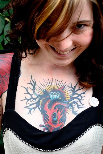 Heart Tattoo with a Keyhole on Girls Chest