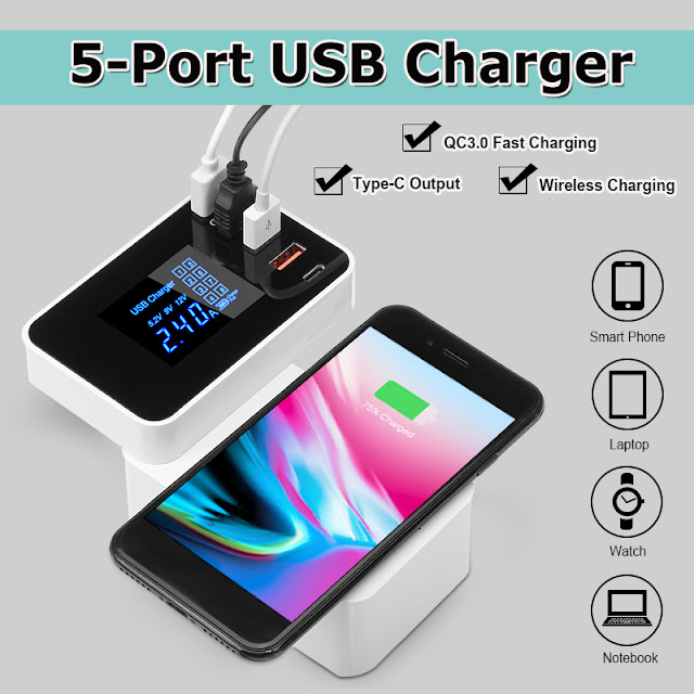 Bakeey Foldable Design QC3.0 4 USB Type C Wireless USB Charger Socket EU US UK With LCD Display