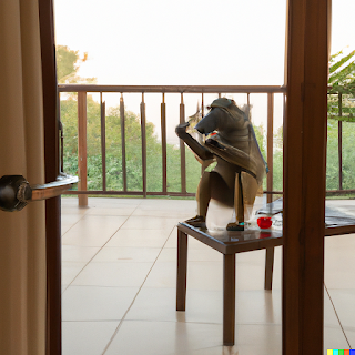 baboons in a hotel room in africa near a safari  looking for items they can eat.