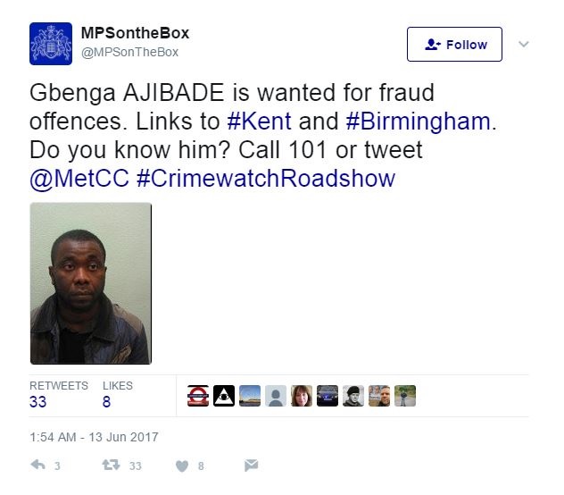 UK Police Declares Nigerian Man, Gbenga Ajibade Wanted for Fraud Offences