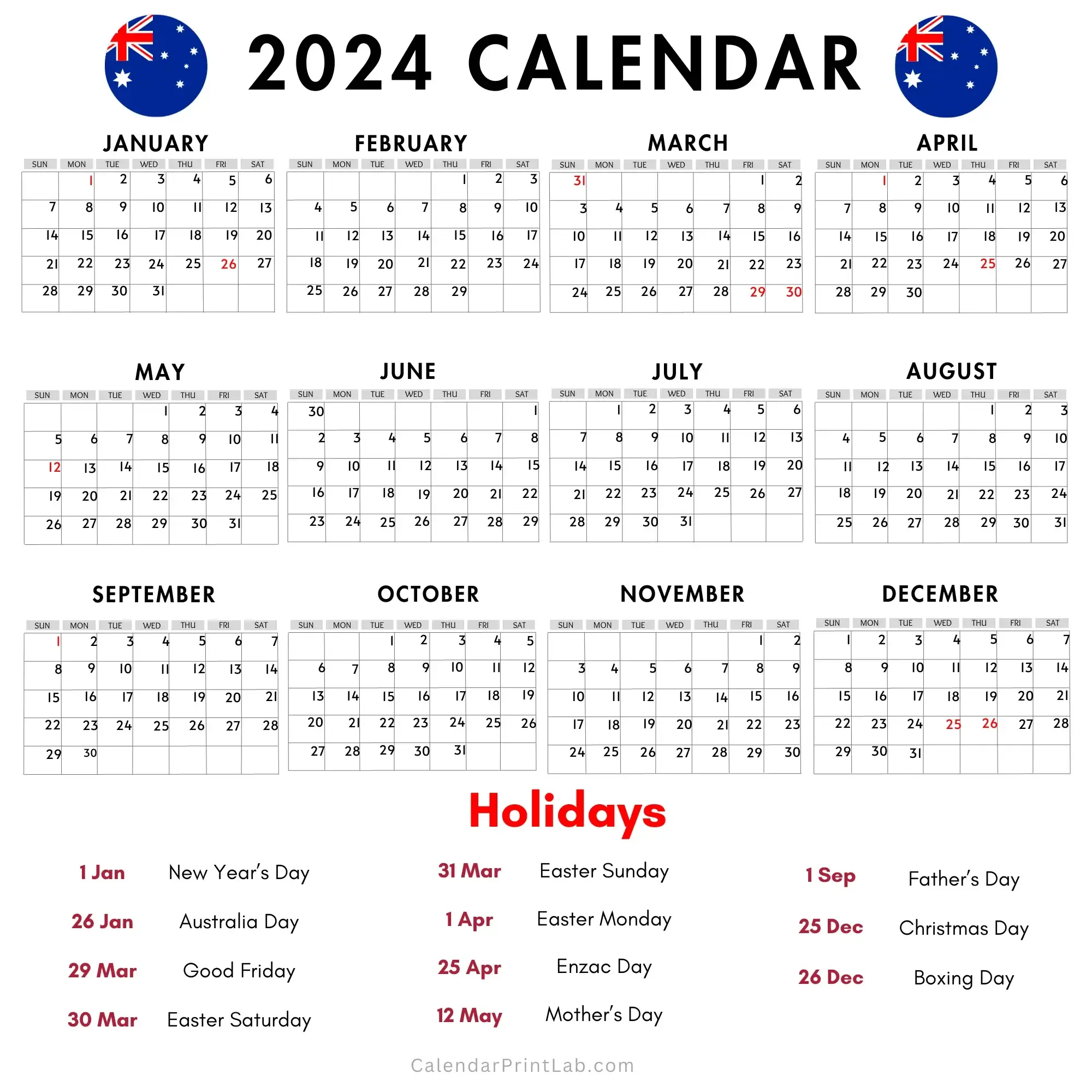 2024 calendar with holidays australia