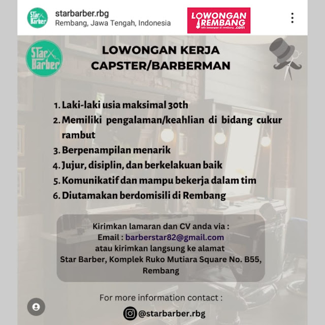 Lowongan Kerja Pegawai Capster Barberman Starbarber Barbershop Rembang Tanpa Syarat Ijazah