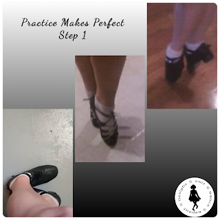 Three vertical photos of an Irish dancer's feet, the first and third in hard shoes and the center one in black ballet type slippers, arranged in staggered diagonal starting in the lower left corner to the upper right one. The background the photos are on shades diagonally from white to black starting in the upper left corner. On the lighter part, above the first two photos, in a black script font are the words Practice Makes Perfect, a MKaL, starting August 30th. In the lower right corner is the Knit Dance Repeat Designs logo.