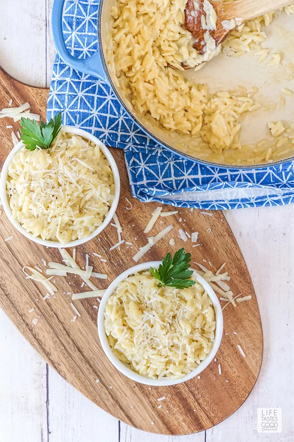 Serving Cheesy Orzo in individual ramekins garnished with parsley