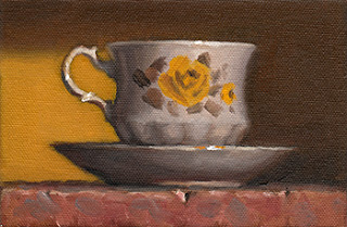 Oil painting of a Queen Anne teacup and saucer with a yellow rose pattern.