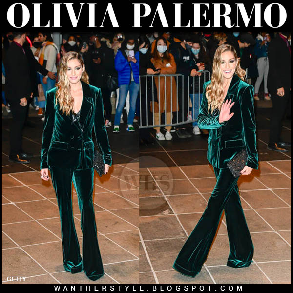 Olivia Palermo in emerald green velvet pants and blazer