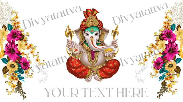 Ganesh white background photo with red and yellow flowers on both sides.