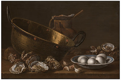 Bodegón con ostras, ajos, huevos, perol y puchero