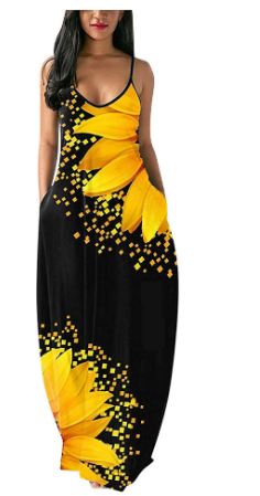 Women Loose Maxi - with Pocket Tie Dye Floral Cami - Boho Long Dress