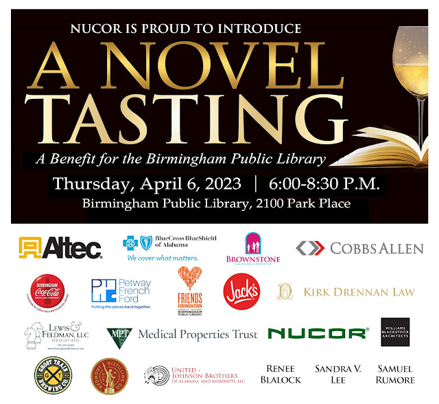 Novel Tasting sponsors logos - Nucor is proud to introduce A Novel Tasting: a benefit for the Birmingham Public Library