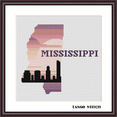 Mississippi sunset skyline map silhouette cross stitch pattern - Tango Stitch