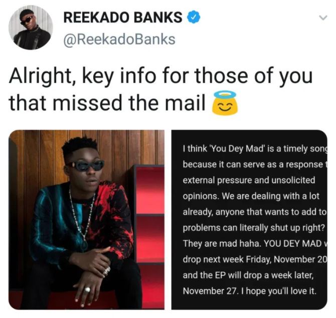 Reekado Banks set to drop song titled “You dey mad”, weeks after Wizkid called him a fool and an animal